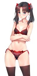  black_hair blush bra commentary commentary_request fate_(series) green_eyes lingerie navel panties red_bra red_panties simple_background solo standing thigh-highs toosaka_rin twintails underwear white_background younger zucchini 