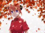  1girl autumn_leaves blue_eyes brown_hair china_dress chinese_clothes double_bun dress gintama hair_between_eyes highres kagura_(gintama) leaf looking_at_viewer maple_leaf open_mouth red_dress short_hair short_sleeves solo upper_body white_background yayoi_(chepiiii23) 