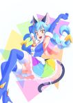  1girl :d animal_ear_fluff animal_ears arm_up armpits blue_footwear blue_gloves blue_hair blush boots braid brown_eyes cat_ears cat_tail cure_cosmo elbow_gloves full_body gloves highres long_hair looking_at_viewer magical_girl multicolored multicolored_background multicolored_clothes multicolored_skirt open_mouth precure shiruppo skirt smile solo star_twinkle_precure tail thigh-highs thigh_boots twin_braids yuni_(precure) zettai_ryouiki 