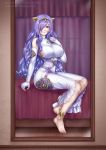  1girl barefoot bed breasts camilla_(fire_emblem) dress fingerless_gloves fire_emblem fire_emblem_fates fire_emblem_heroes gloves hair_over_one_eye jyu_ichi large_breasts long_hair parted_lips purple_hair sitting solo tiara violet_eyes watermark web_address white_dress white_gloves 
