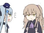  2girls :&lt; bangs black_dress blush_stickers brown_hair crossed_bangs dress girls_frontline green_eyes hair_ornament hat hk416_(girls_frontline) multiple_girls necktie open_mouth purple_neckwear ro_(aahnn) side_ponytail simple_background top_hat ump45_(girls_frontline) white_background yellow_eyes younger 