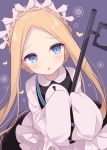  1girl :o abigail_williams_(fate/grand_order) bangs black_dress blonde_hair blue_eyes blush braid butterfly_hair_ornament collared_dress commentary_request dress fate/grand_order fate_(series) forehead hair_ornament hands_up heart long_hair long_sleeves looking_at_viewer parted_bangs parted_lips purple_background shikitani_asuka shirt sidelocks sleeveless sleeveless_dress sleeves_past_fingers sleeves_past_wrists solo very_long_hair white_shirt 