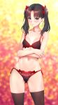  1girl bangs black_hair black_legwear blue_eyes bra breasts closed_mouth collarbone commentary_request crossed_arms eyebrows_visible_through_hair fate/stay_night fate_(series) hair_ribbon lingerie lips navel panties red_bra red_panties red_ribbon ribbon side-tie_panties small_breasts solo standing stomach thigh-highs toosaka_rin twintails underwear underwear_only zucchini 