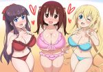  3girls a-1_pictures bangs bare_shoulders bikini blend_s blonde_hair blue_background blue_bikini blue_eyes blunt_bangs blush breasts broadcaster_connection brown_eyes brown_hair collarbone crossover cute dandere deep_skin dogakobo ebina_nana embarrassed eyebrows_visible_through_hair foreshortening frilled_bikini frills from_above front-tie_bikini front-tie_top gradient gradient_background hair_between_eyes hair_ribbon hand_on_own_breast hand_on_own_chest heart himouto!_umaru-chan hinata_kaho hobunsha huge_breasts kadokawa_shoten kuudere large_breasts legs_together long_hair looking_at_viewer medium_hair mole mole_on_breast multicolored multicolored_background multiple_girls navel new_game! nose_blush one_eye_closed open_mouth oppai orange_background pink_bikini publisher_connection purple_hair red_bikini red_ribbon ribbon shiny shiny_hair shiny_skin shiromina shueisha smile standing studio_connection swimsuit take_your_pick takimoto_hifumi thigh_gap thighs tokyo_mx tongue tsundere tv_channel_connection twintails two_side_up v wavy_mouth white_background yellow_background 