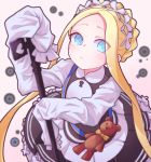  1girl abigail_williams_(fate/grand_order) absurdres alternate_costume bangs blonde_hair blue_eyes blush bow braid commentary_request dress eyebrows_visible_through_hair eyes_visible_through_hair fate/grand_order fate_(series) from_above highres holding huge_filesize jipponwazaari key long_hair long_sleeves looking_at_viewer maid orange_bow parted_bangs sleeves_past_fingers sleeves_past_wrists solo stuffed_animal stuffed_toy teddy_bear very_long_hair 