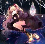  1girl arm_support bare_tree black_dress black_legwear black_nails blonde_hair crystal dress earrings ereshkigal_(fate/grand_order) fate/grand_order fate_(series) hair_ribbon hand_on_own_face high_heels in_water jewelry leg_ribbon long_hair looking_at_viewer lying mismatched_legwear on_side open_mouth partially_submerged petals petals_on_liquid puracotte red_eyes reflection ribbon skull_necklace solo tree twintails very_long_hair yellow_footwear 