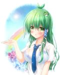 1girl bangs blue_bra blue_neckwear blush bra commentary_request frog_hair_ornament green_eyes green_hair hair_between_eyes hair_ornament hair_tubes highres kochiya_sanae long_hair necktie osashin_(osada) outstretched_hand parted_lips rainbow see-through shirt short_hair snake_hair_ornament solo touhou underwear upper_body water_drop wet wet_clothes wet_shirt white_shirt wing_collar 