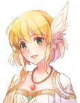  1girl :d blonde_hair collarbone eyebrows_visible_through_hair feathers fire_emblem fire_emblem:_thracia_776 green_eyes hair_between_eyes hair_feathers highres jewelry nanna_(fire_emblem) necklace open_mouth ponytail short_hair simple_background smile solo white_background white_feathers yukimiyuki 
