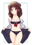  1girl alternate_costume bikini black_bikini bow breasts brown_hair collarbone cowboy_shot cute drill_hair front-tie_top hair_bow harukaze_(kantai_collection) ittokyu jacket kantai_collection looking_at_viewer medium_breasts navel open_clothes open_jacket red_bow red_eyes sarong simple_background smile solo standing swimsuit thigh_gap twin_drills white_background white_jacket 