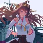 1girl ahoge brown_hair commentary_request detached_sleeves double_bun eriyama_(user_csua4255) hairband hands_on_hips headgear highres kantai_collection kongou_(kantai_collection) long_hair looking_at_viewer machinery popped_collar remodel_(kantai_collection) ribbon-trimmed_sleeves ribbon_trim simple_background solo violet_eyes white_background 