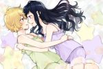  2girls ano_ko_ni_kiss_to_shirayuri_wo bare_shoulders black_hair blonde_hair blush canno commentary_request face-to-face green_eyes hug kurosawa_yurine long_hair looking_at_another lying messy_hair multiple_girls nightgown official_art on_side open_mouth profile shiramine_ayaka short_hair smile star wavy_hair yellow_eyes yuri 