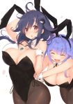  2girls :d :o ^_^ ahoge animal_ears bare_shoulders black_leotard blue_hair blush breasts brown_legwear bunnysuit closed_eyes collarbone commentary_request fake_animal_ears fang floating_hair hair_flaps hair_ornament hair_ribbon hairband hand_up highres i-19_(kantai_collection) jewelry kagerou_(shadowmage) kantai_collection large_breasts leotard long_hair looking_at_viewer low_twintails multiple_girls necklace open_mouth pantyhose purple_hair rabbit_ears red_eyes ribbon simple_background skin_fang smile taigei_(kantai_collection) tri_tails twintails white_background wrist_cuffs 