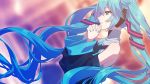  1girl black_sleeves blue_eyes blue_hair blue_nails blurry blurry_background detached_sleeves floating_hair from_side hair_between_eyes hands_clasped hatsune_miku highres long_hair long_sleeves matsuda_toki nail_polish own_hands_together parted_lips profile shiny shiny_hair solo upper_body very_long_hair vocaloid 