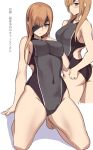  1girl ass bangs bare_arms bare_legs bare_shoulders black_swimsuit blue_eyes blush breasts brown_hair commentary_request eyebrows_visible_through_hair eyepatch fate/grand_order fate_(series) hair_over_one_eye kneeling large_breasts long_hair looking_at_viewer multiple_views navel ophelia_phamrsolone shiseki_hirame swimsuit translated 