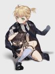  1girl artist_request belt_buckle blonde_hair buckle girls_frontline green_eyes highres holster jacket_on_shoulders kneeling necktie shoes skirt socks solo twintails vest welrod_mk2_(girls_frontline) 