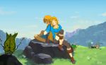  1boy 1girl ? alisa_(7320818) back-to-back blonde_hair blue_sky blush closed_eyes flower grass highres indian_style korok link mountain pointy_ears princess_zelda rock sitting sky sleeping smile spoken_question_mark stick the_legend_of_zelda the_legend_of_zelda:_breath_of_the_wild tree 