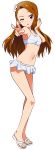  1girl ;o absurdres akizuki_ritchan bikini bow brown_hair floating_hair full_body groin hair_bow hairband highres idolmaster idolmaster_(classic) long_hair looking_at_viewer minase_iori navel one_eye_closed outstretched_arm red_eyes shiny shiny_hair solo standing swimsuit transparent_background v very_long_hair white_bikini white_bow white_hairband 