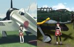  a5m age_comparison aircraft airplane akagi_(kantai_collection) annin_musou brown_eyes brown_hair clouds flight_deck geta grass hakama highres japanese_clothes kantai_collection long_hair multiple_girls muneate red_hakama remodel_(kantai_collection) short_hair sky straight_hair tasuki thigh-highs world_war_ii younger 