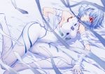  1girl ayanami_rei bandaged_arm bandages bodysuit breasts cluseller eyepatch from_side hairpods light_blue_hair lying neon_genesis_evangelion on_bed on_side pilot_suit plugsuit red_eyes short_hair small_breasts solo turtleneck white_bodysuit 