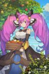  1girl animal apple artist_name bangs bare_shoulders bell black_bow black_sleeves blue_dress blue_sky bow breasts bug butterfly cleo_(dragalia_lost) clouds cloudy_sky collarbone commentary day detached_sleeves dragalia_lost dress english_commentary eyebrows_visible_through_hair food fruit hair_bell hair_between_eyes hair_ornament hentaki highres holding insect jingle_bell large_breasts long_hair long_sleeves o-ring outdoors purple_hair red_apple sidelocks sky sleeves_past_wrists solo strapless strapless_dress twintails very_long_hair violet_eyes watermark web_address 
