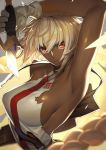  1girl armpits braid breasts broken broken_sword broken_weapon brown_eyes dark_skin fate/grand_order fate_(series) gloves gun lakshmibai_(fate/grand_order) medium_breasts rifle shirt sideboob sleeveless sleeveless_shirt sword tef torn_clothes weapon white_gloves white_hair 