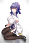  1girl azuma_(azur_lane) azur_lane bangs black_footwear black_gloves black_legwear bra_through_clothes breasts buttons eyebrows_visible_through_hair gloves hair_between_eyes hair_ornament half_gloves jacket_on_shoulders large_breasts long_hair looking_at_viewer looking_to_the_side pantyhose parted_lips pleated_skirt purple_hair sidelocks sitting skirt smile solo white_skirt xiangzi_box yellow_eyes 
