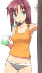  1girl after_bath ahoge alice_gear_aegis animal_print aqua_eyes arm_up armpits bangs breasts commentary cowboy_shot cup doorway ears_visible_through_hair eyebrows_visible_through_hair frog_print grey_panties hair_down holding holding_cup kaeruzaka_raiya long_hair looking_to_the_side medium_breasts midriff mug orange_tank_top panties redhead shimada_fumikane solo straight_hair tank_top toothbrush toothbrush_in_mouth underwear wet wet_hair white_background 