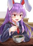  1girl :d animal_ears bangs black_jacket blazer bowl breasts chopsticks commentary_request e.o. eyebrows_visible_through_hair food hair_between_eyes highres holding holding_chopsticks jacket long_hair medium_breasts necktie noodles open_mouth purple_hair rabbit_ears ramen red_eyes red_neckwear reisen_udongein_inaba shirt sidelocks smile solo touhou translation_request upper_body white_background white_shirt wing_collar 