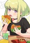  1boy blonde_hair blush earrings eating food green_hair hamburger highres jewelry karokuchitose lio_fotia looking_at_viewer male_focus open_mouth promare solo violet_eyes 