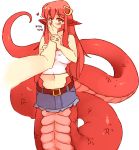  1boy 1girl bangs bare_shoulders belt blush breasts commission eyebrows_visible_through_hair hair_between_eyes hair_ornament hairclip hand_kiss heart holding_hands jewelry kiss lamia large_breasts long_hair looking_at_viewer midriff miia_(monster_musume) miniskirt monster_girl monster_musume_no_iru_nichijou navel onomatopoeia paid_reward patreon_reward pointy_ears pov pov_hands redhead ring rtil scales simple_background skirt solo_focus tail tank_top wedding_band white_background yellow_eyes 