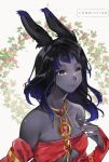  1girl animal_ears bare_shoulders black_eyes black_skin breasts collarbone commission final_fantasy final_fantasy_xiv jewelry long_hair medium_breasts necklace original rabbit_ears rirene_rn solo upper_body white_nails 