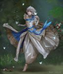  1boy barefoot bug butterfly corrin_(fire_emblem) corrin_(fire_emblem)_(male) dress elbow_gloves fire_emblem fire_emblem_fates fire_emblem_heroes flower gloves grass highres insect looking_at_viewer pointy_ears red_eyes rose signature smile solo white_dress white_hair 