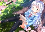  1girl ^_^ bangs black_legwear blue_cardigan blurry blurry_foreground blush book brown_footwear cardigan cherry_blossoms chinomaron closed_eyes closed_mouth day depth_of_field eyebrows_visible_through_hair facing_viewer feet_out_of_frame fingernails flower gochuumon_wa_usagi_desu_ka? grass hair_ornament hoto_cocoa&#039;s_school_uniform kafuu_chino loafers long_hair neck_ribbon on_grass open_book outdoors pink_flower pleated_skirt red_ribbon ribbon sailor_collar school_uniform serafuku shoes silver_hair sitting skirt smile solo thigh-highs tree tree_branch very_long_hair white_sailor_collar white_skirt x_hair_ornament 