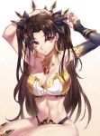  1girl black_hair blush commentary commentary_request earrings fate/grand_order fate_(series) hair_ribbon highres hoop_earrings ishtar_(fate/grand_order) jewelry long_legs looking_at_viewer nasaniliu navel red_eyes red_ribbon ribbon single_thighhigh thigh-highs tiara twintails 