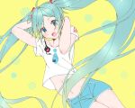 1girl :d aqua_shorts arms_up bare_arms blue_eyes blue_hair blush commentary_request cowboy_shot dutch_angle eyebrows_visible_through_hair happy hatsune_miku long_hair looking_at_viewer midriff open_mouth polka_dot polka_dot_background shirt short_sleeves shorts simple_background smile striped striped_background supo01 tank_top thighs twintails very_long_hair vocaloid white_shirt yellow_background 