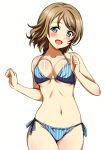  1girl absurdres bikini blue_bikini blue_eyes blush bouncing_breasts breasts brown_hair highres looking_at_viewer love_live! love_live!_sunshine!! medium_breasts navel rozen5 scan short_hair side-tie_bikini simple_background solo striped swimsuit vertical-striped_bikini vertical_stripes watanabe_you white_background 