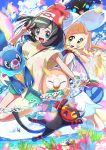  3girls acerola_(pokemon) bag bangs beanie bewear black_hair blonde_hair blue_eyes blue_sky blush_stickers braid clouds commentary_request cosmog day dress duffel_bag floral_print flower gen_7_pokemon green_eyes green_shorts hat highres holding holding_poke_ball horizon jumping kingin legendary_pokemon lillie_(pokemon) litten long_hair mizuki_(pokemon) multiple_girls ocean open_mouth outdoors palossand poke_ball poke_ball_(generic) pokemon pokemon_(creature) pokemon_(game) pokemon_sm popplio red_headwear rowlet shirt shoes short_hair short_shorts short_sleeves shorts shoulder_bag sky sleeveless sleeveless_dress smile sneakers sun_hat swept_bangs tied_shirt trial_captain twin_braids v water white_dress white_headwear z-ring 