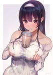  1girl bangs bare_shoulders blush breast_lift breasts bubble_tea bubble_tea_challenge cup disposable_cup drinking drinking_straw eyebrows_visible_through_hair hair_between_eyes hairband highres large_breasts long_hair looking_at_viewer off-shoulder_sweater off_shoulder original outside_border purple_hair ribbed_sweater shiromonefu signature solo sweatdrop sweater upper_body violet_eyes white_hairband white_sweater 