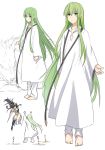 1girl 1other androgynous black_hair breasts collarbone commentary_request enkidu_(fate/strange_fake) eyebrows_visible_through_hair fate/grand_order fate/strange_fake fate_(series) green_eyes green_hair hair_between_eyes ishtar_(fate/grand_order) jewelry long_hair looking_at_viewer multiple_views robe shiseki_hirame single_thighhigh smile solo_focus thigh-highs two_side_up weapon white_legwear wolf 