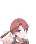  1girl absurdres artist_name bow bowtie brown_hair commentary disco_brando highres isurugi_futaba looking_at_viewer portrait red_neckwear short_hair shoujo_kageki_revue_starlight simple_background smile solo twitter_username v-shaped_eyebrows violet_eyes white_background wing_collar 