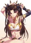  1girl absurdres black_hair blush commentary commentary_request earrings fate/grand_order fate_(series) hair_ribbon highres hoop_earrings ishtar_(fate/grand_order) jewelry long_legs looking_at_viewer nasaniliu navel red_eyes red_ribbon ribbon single_thighhigh thigh-highs tiara twintails 