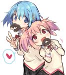  2girls blue_eyes blue_hair cute damenano104 doughnut food hair_ornament hairclip heart highres kaname_madoka looking_at_another mahou_shoujo_madoka_magica miki_sayaka multiple_girls open_mouth pink_eyes pink_hair school_uniform short_hair smile speech_bubble spoken_heart twintails v white_background 