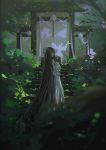  1girl bangs bare_shoulders black_hair blurry blurry_foreground commentary_request day depth_of_field dress long_hair looking_at_viewer looking_back miemia moss nature original outdoors plant profile stairs standing stone_stairs underwear very_long_hair white_dress 