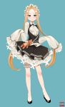  1girl abigail_williams_(fate/grand_order) absurdres apron bangs black_skirt blonde_hair blue_eyes bow butterfly_hair_ornament fate/grand_order fate_(series) hair_ornament heroic_spirit_chaldea_park_outfit highres long_hair looking_at_viewer maid maid_apron maid_headdress mary_janes orange_bow parted_bangs shoes skirt sleeves_past_fingers sleeves_past_wrists stuffed_animal stuffed_toy teddy_bear vkejr702 white_bow 
