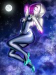  1girl bodysuit breasts commentary_request gwen_stacy hood marvel mask moon non_(nonbiriya_mini) skin_tight sky solo spider-gwen spider-man_(series) spider_web_print star_(sky) starry_sky superhero 
