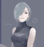  1girl bare_arms bare_shoulders blue_hair breasts eyebrows eyelashes grey_background grey_eyes hair_over_one_eye ishida_sui kirishima_touka lips looking_at_viewer shirt short_hair simple_background sleeveless sleeveless_shirt sleeveless_turtleneck smile solo tokyo_ghoul turtleneck 