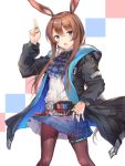  1girl amiya_(arknights) animal_ears anklet arknights ascot black_jacket blue_eyes blue_neckwear blue_skirt brown_hair brown_legwear choker commentary_request covered_navel hand_up highres hood hood_down hooded_jacket jacket jewelry kamen_rider kamen_rider_build kamen_rider_build_(series) long_hair long_sleeves looking_at_viewer miniskirt open_clothes open_jacket open_mouth pantyhose plaid plaid_skirt pleated_skirt rabbit_ears ribbed_shirt rider-tan shirt skirt solo taro_(ultrataro) white_shirt 