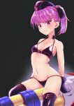  1girl absurdres alternate_costume bangs bare_shoulders bikini black_background blush bow breasts collarbone commentary_request eyebrows_visible_through_hair fate/grand_order fate_(series) garrison_cap gloves hair_bow hat helena_blavatsky_(fate/grand_order) helena_blavatsky_(swimsuit_archer)_(fate) highres huge_filesize karu_(ricardo_2628) looking_at_viewer navel parted_lips ponytail purple_bikini purple_gloves purple_hair shiny shiny_clothes shiny_hair shiny_skin simple_background sitting small_breasts smile solo stomach swimsuit thigh-highs tied_hair violet_eyes 