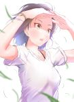  1girl absurdres blurry_foreground bracelet brown_eyes brown_hair collarbone floating_hair highres jewelry open_mouth original oze_(xyz_go_go11) shirt short_hair short_sleeves simple_background solo sweatdrop upper_body watch watch white_background white_shirt 