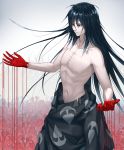  1boy bettle_(b_s_a_n) black_hair blood bloody_hands brown_eyes collarbone dororo_(tezuka) flower gradient gradient_background hand_up highres hyakkimaru_(dororo) long_hair male_focus navel nipples shirtless solo standing very_long_hair 